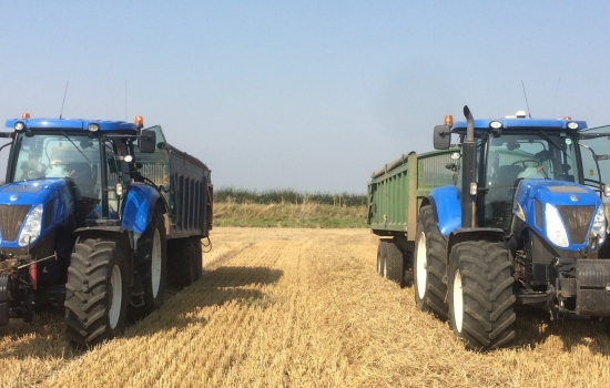 Two blue tractors in a field of straw Two blue tractors in a field of straw