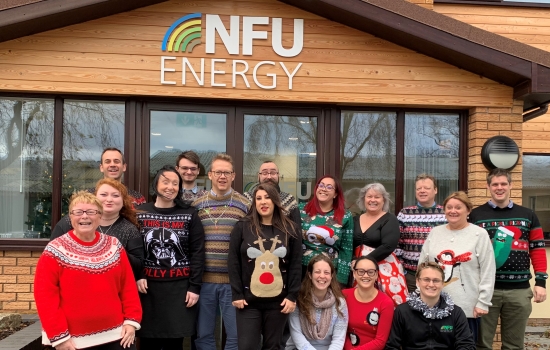 Staff in Christmas Jumpers outside the front of the office Staff in Christmas Jumpers outside the front of the office
