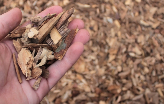 Woodchip in a hand with more in the background Woodchip in a hand with more in the background