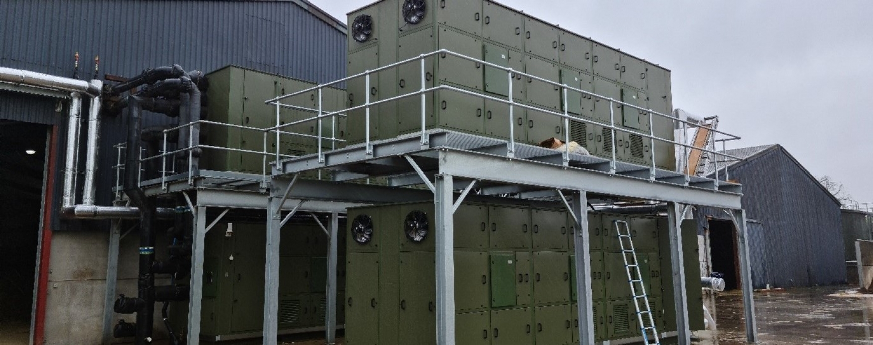 A large heat pump outside a farm building